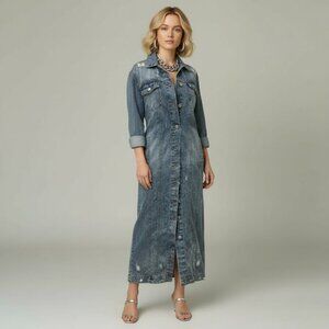 Blu Edit Distressed Denim Maxi Shirt Dress Button Front Blue – NWT – Size M
